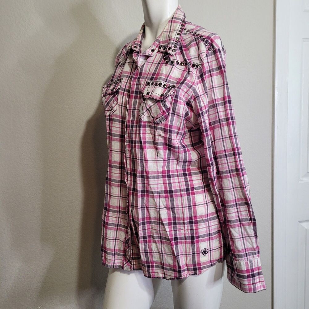 Ariat XL polo western snap button plaid pink pockets collar longsleeve stud FLAW